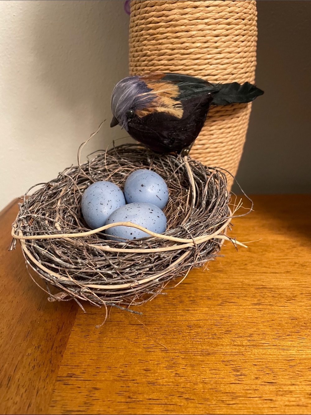 Decorative Faux Bird, Bird Nest and Three Blue Speckled Eggs